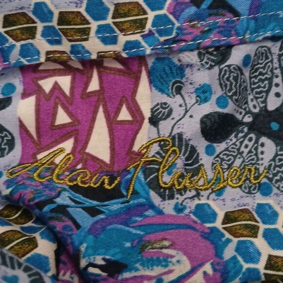Alan Flusser turquoiuse purple printed long sleeve button down shirt  Sz XXL - Picture 8 of 9